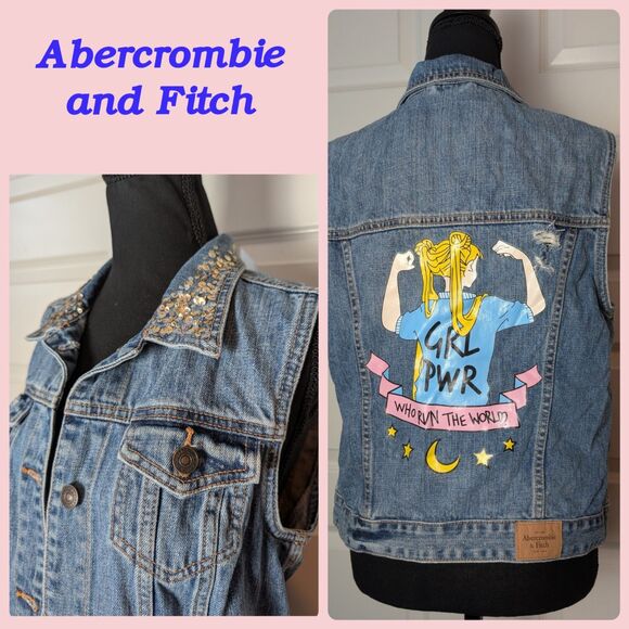 Abercrombie & Fitch Size L Denim Vest Custom "Girl Power" Sequins Distressed - Picture 1 of 13